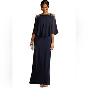Alex Evenings Embellished Cold Shoulder Capelet Dress (8) Navy